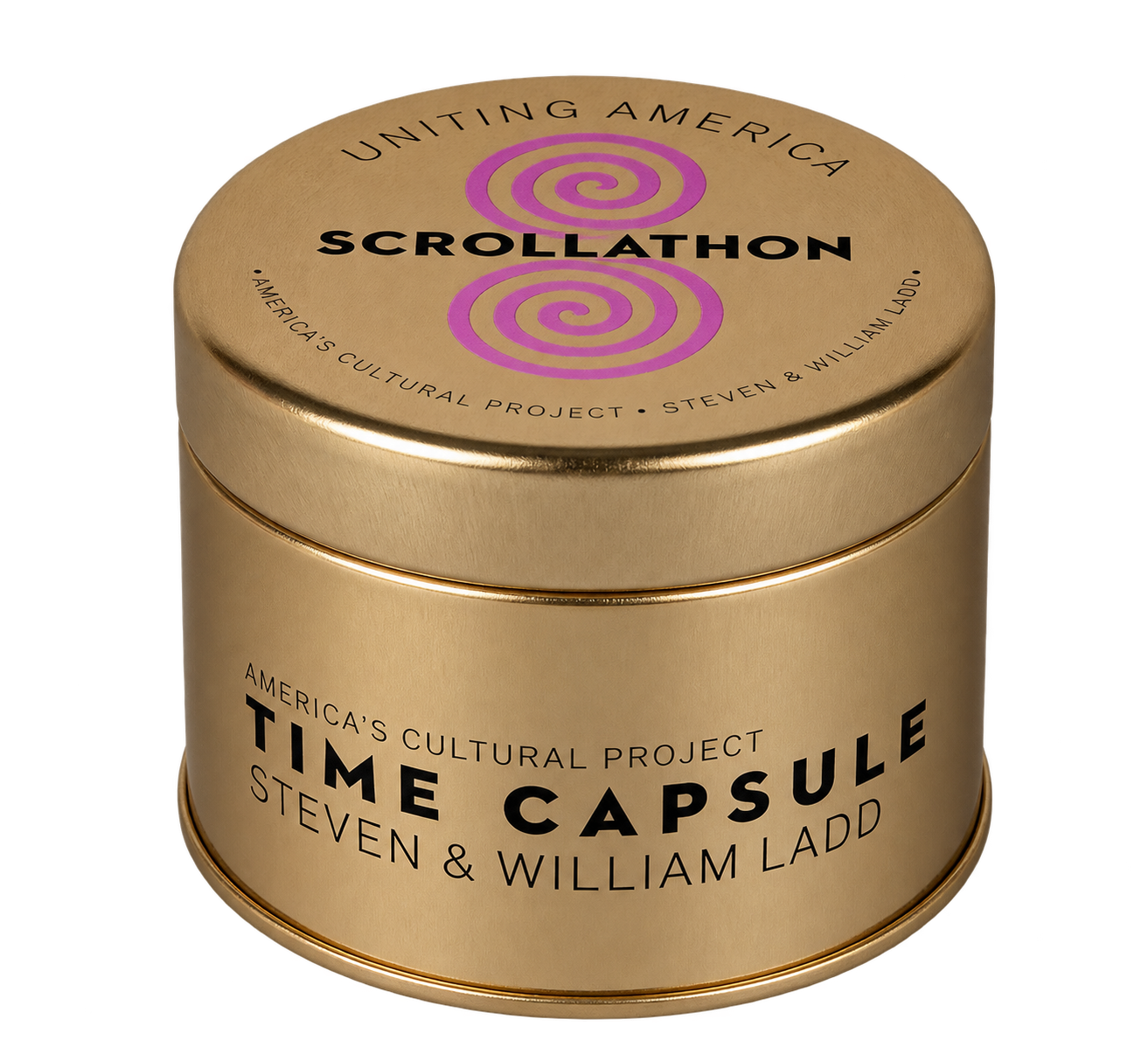 The gold Scrollathon Time Capsule tin